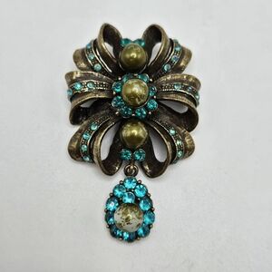 VINTAGE Laila Rowe Bronze Tone Turquoise Rhinestone Large Bow Pendant Signed